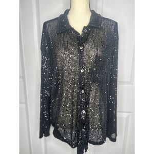Porter Collective Sequin Shirt SMT1938 Large Black Sheer Mesh Sparkly Button